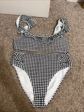 Cabana del Sol Black and White Gingham Ruffle Two Piece Bandeau Bikini Large
